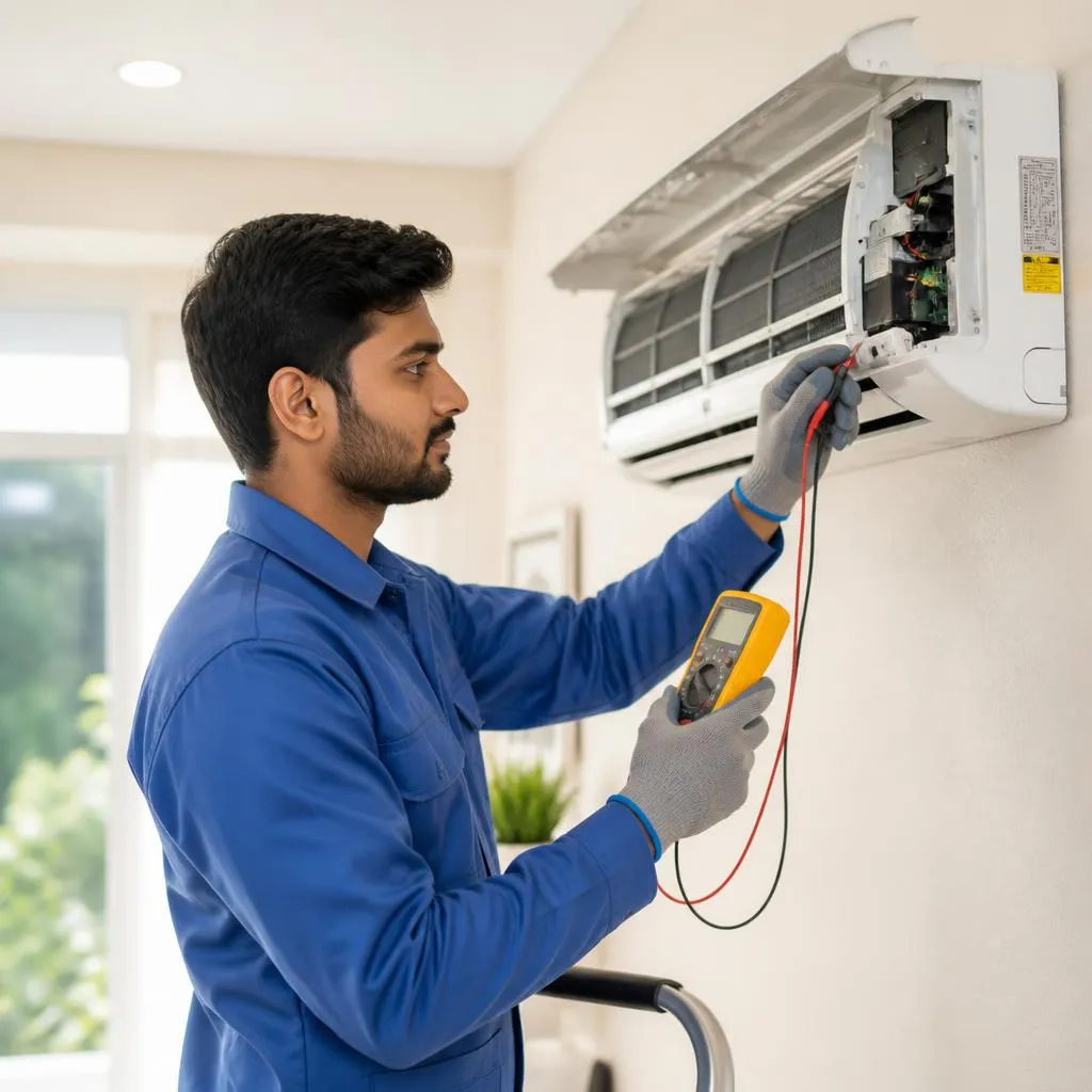 Trained technician repairing a split AC indoor unit