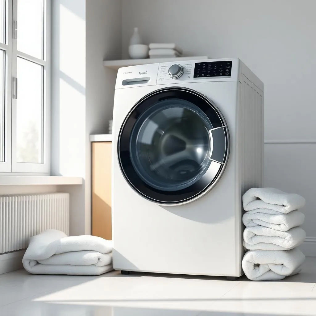 Modern front-load washing machine in a bright Karaikudi laundry room
